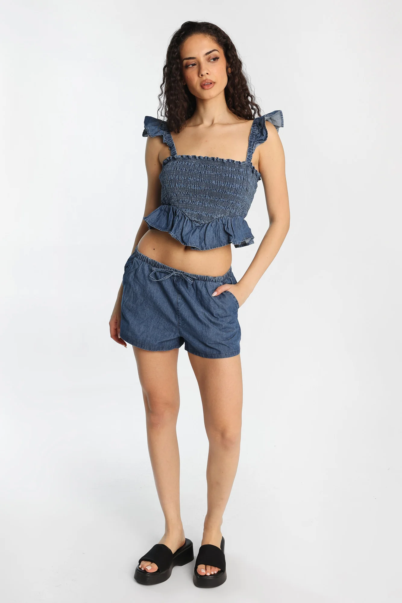 Chambray Flutter Sleeve Smocked Top - Image 4