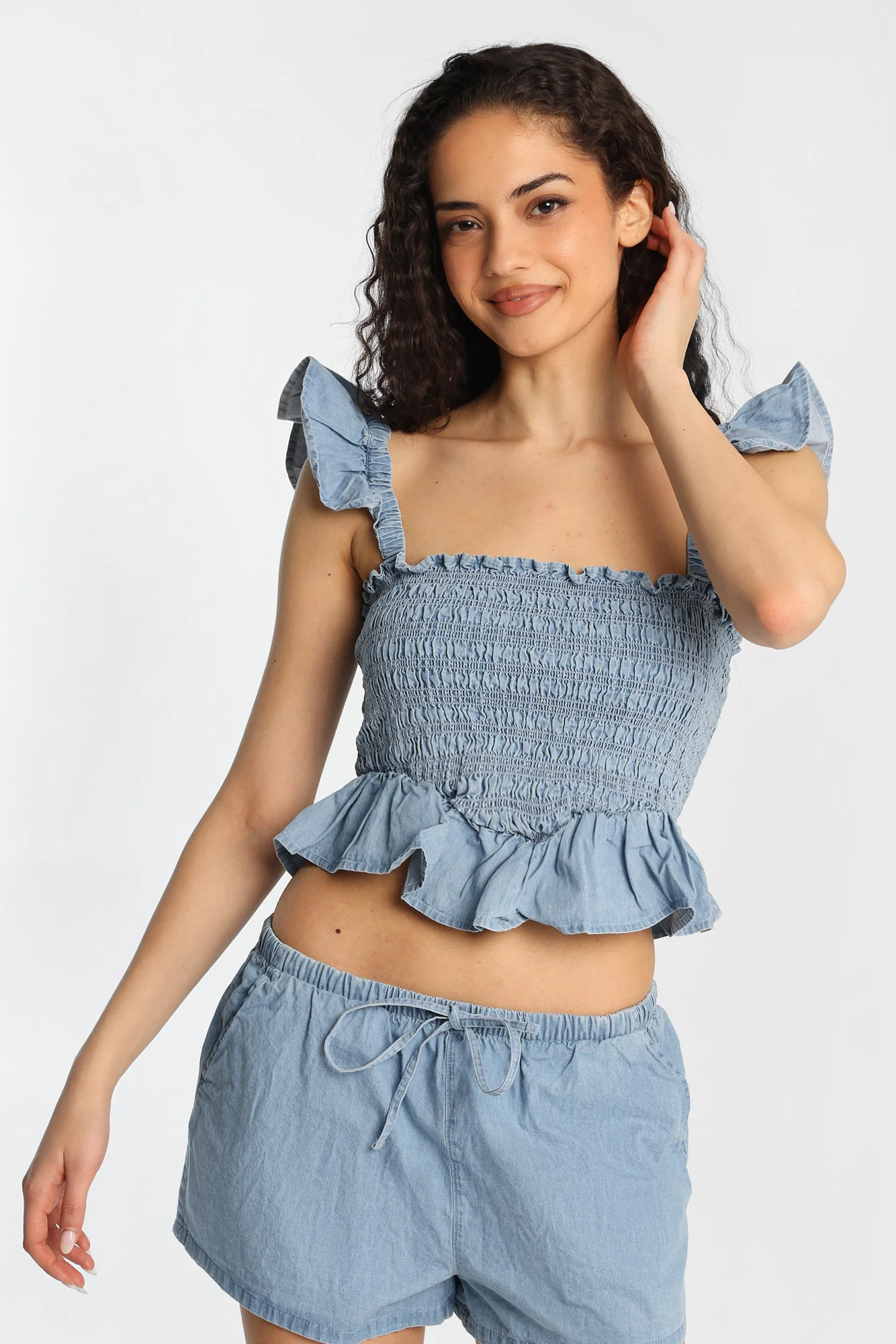 Chambray Flutter Sleeve Smocked Top - Image 5