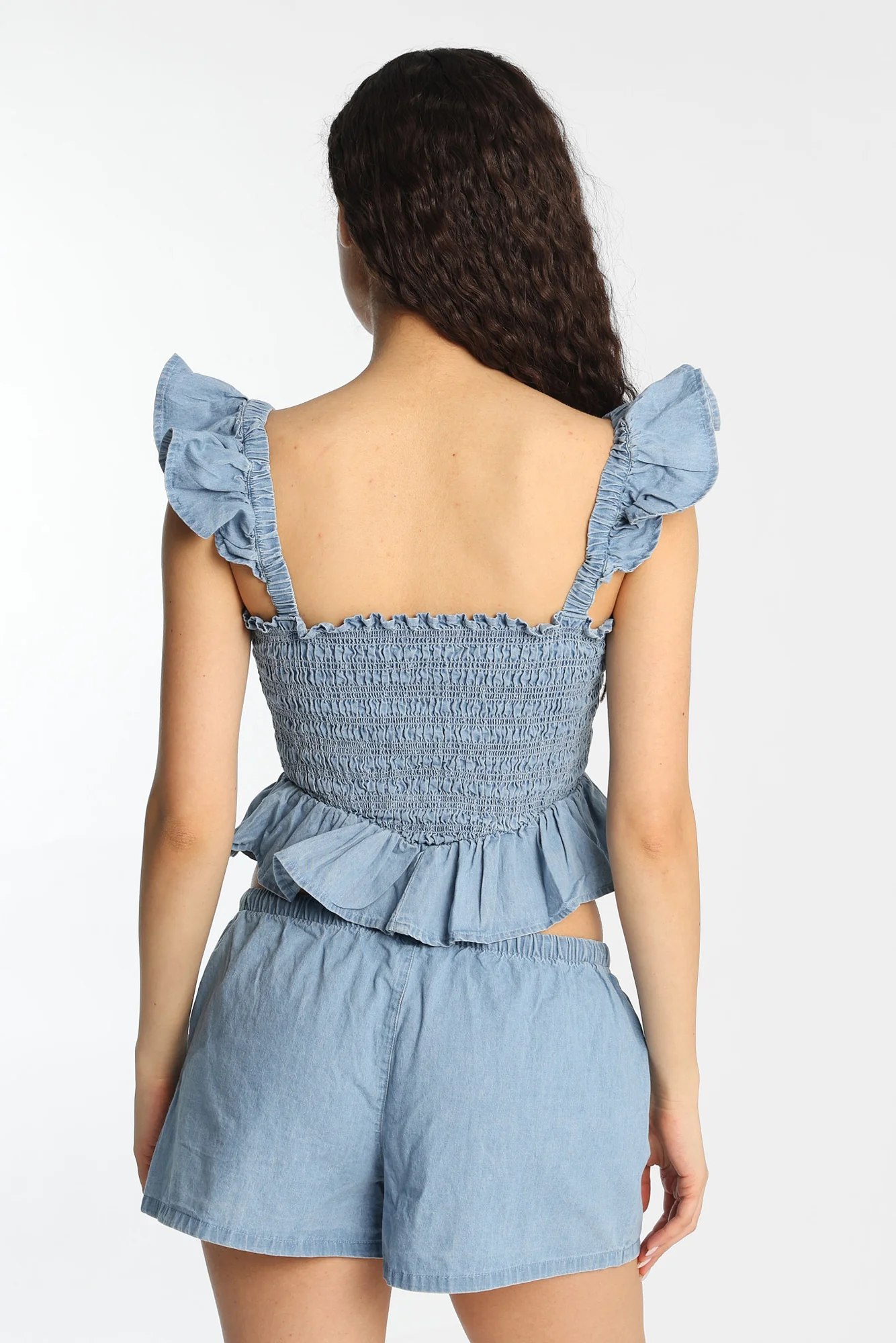 Chambray Flutter Sleeve Smocked Top - Image 7