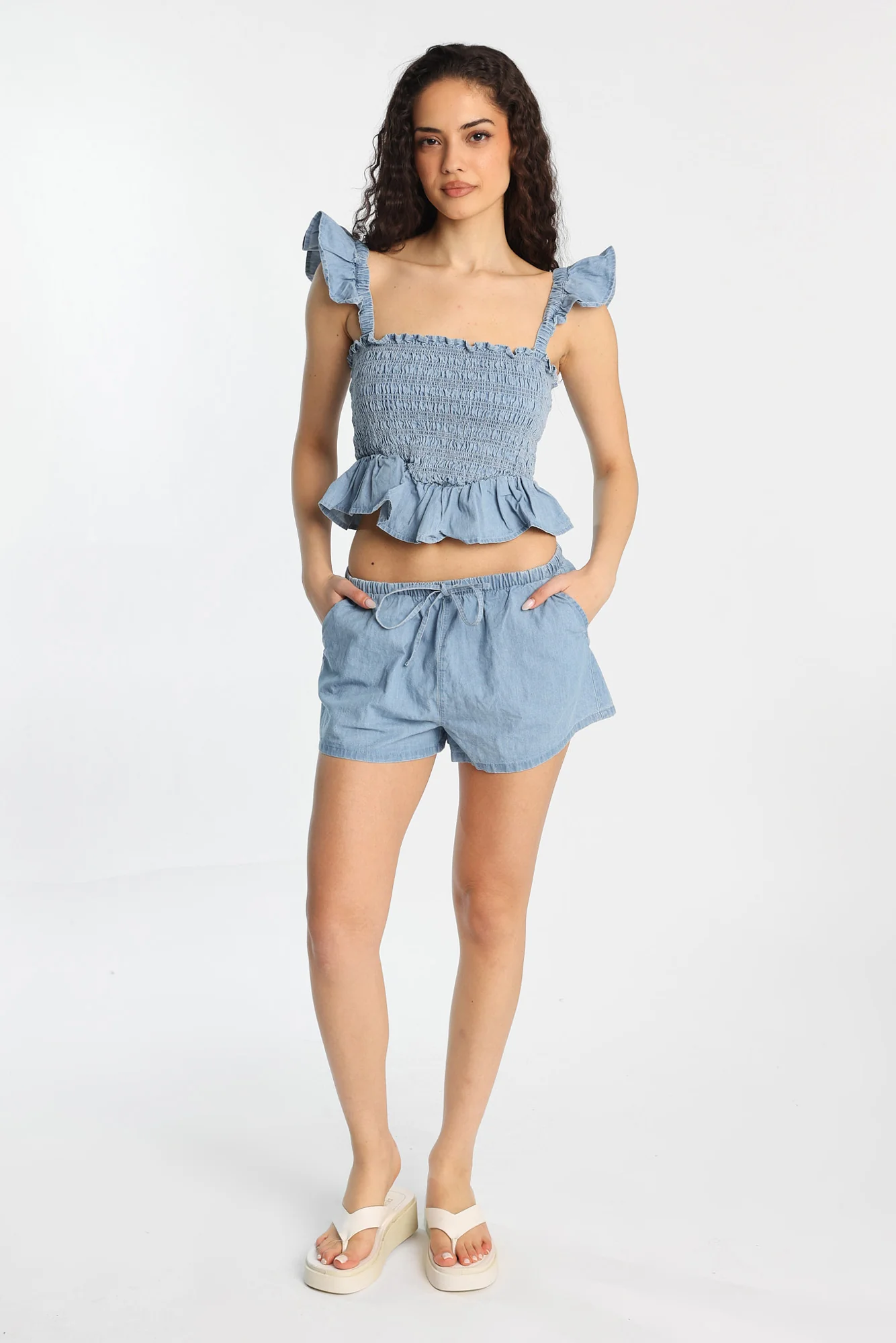 Chambray Flutter Sleeve Smocked Top - Image 8