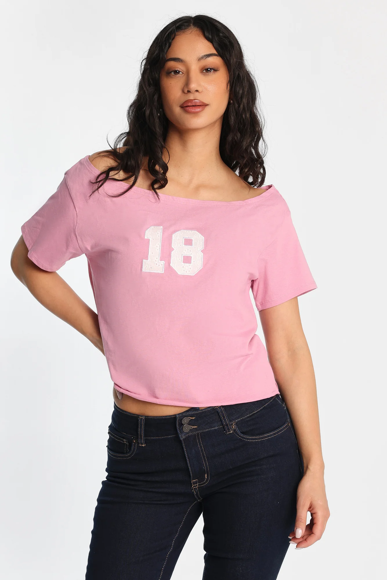 18 Graphic Off-Shoulder Short Sleeve Tee