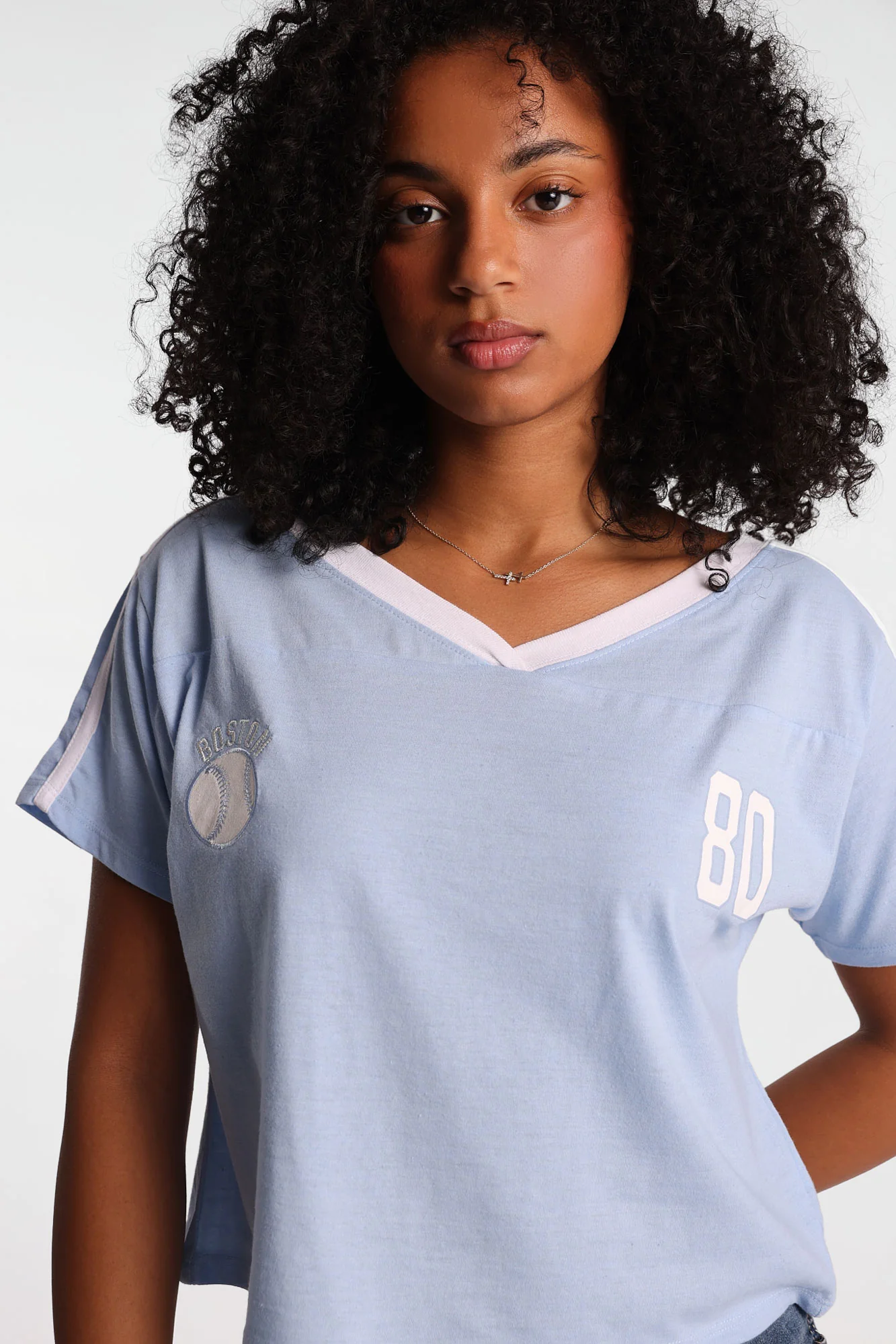 Graphic V-Neck Off-Shoulder Jersey Tee - Image 15