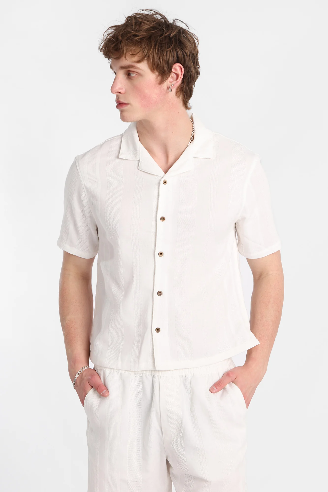 Textured Vertically Striped Short Sleeve Shirt - Image 10