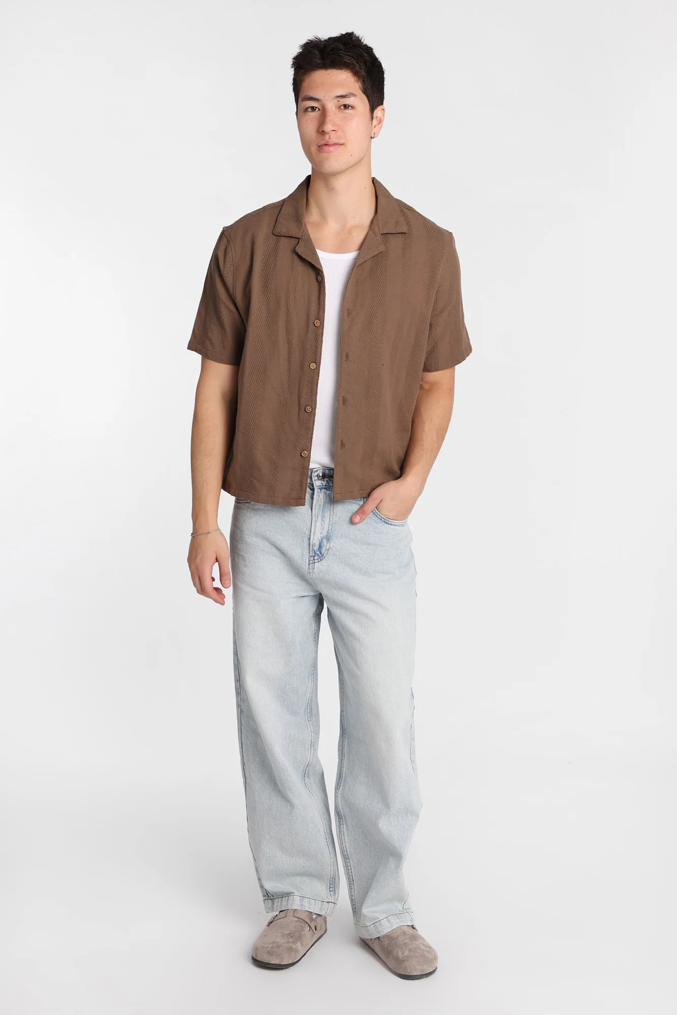 Textured Vertically Striped Short Sleeve Shirt - Image 4