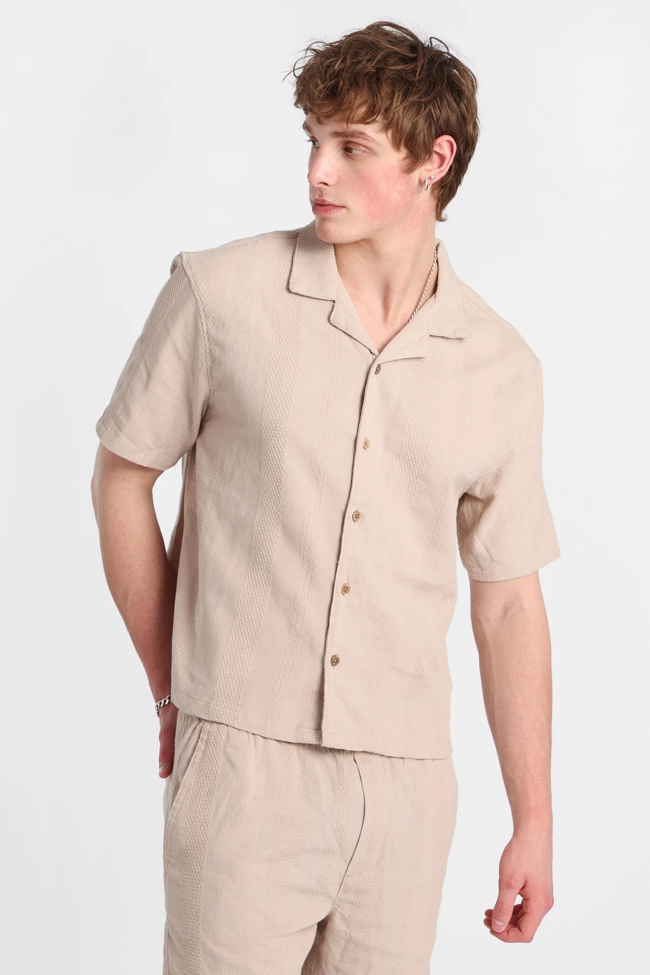 Textured Vertically Striped Short Sleeve Shirt - Image 5