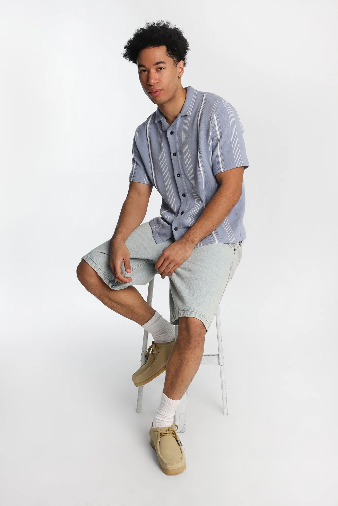 Sweater Knit Striped Short Sleeve Shirt - Image 13