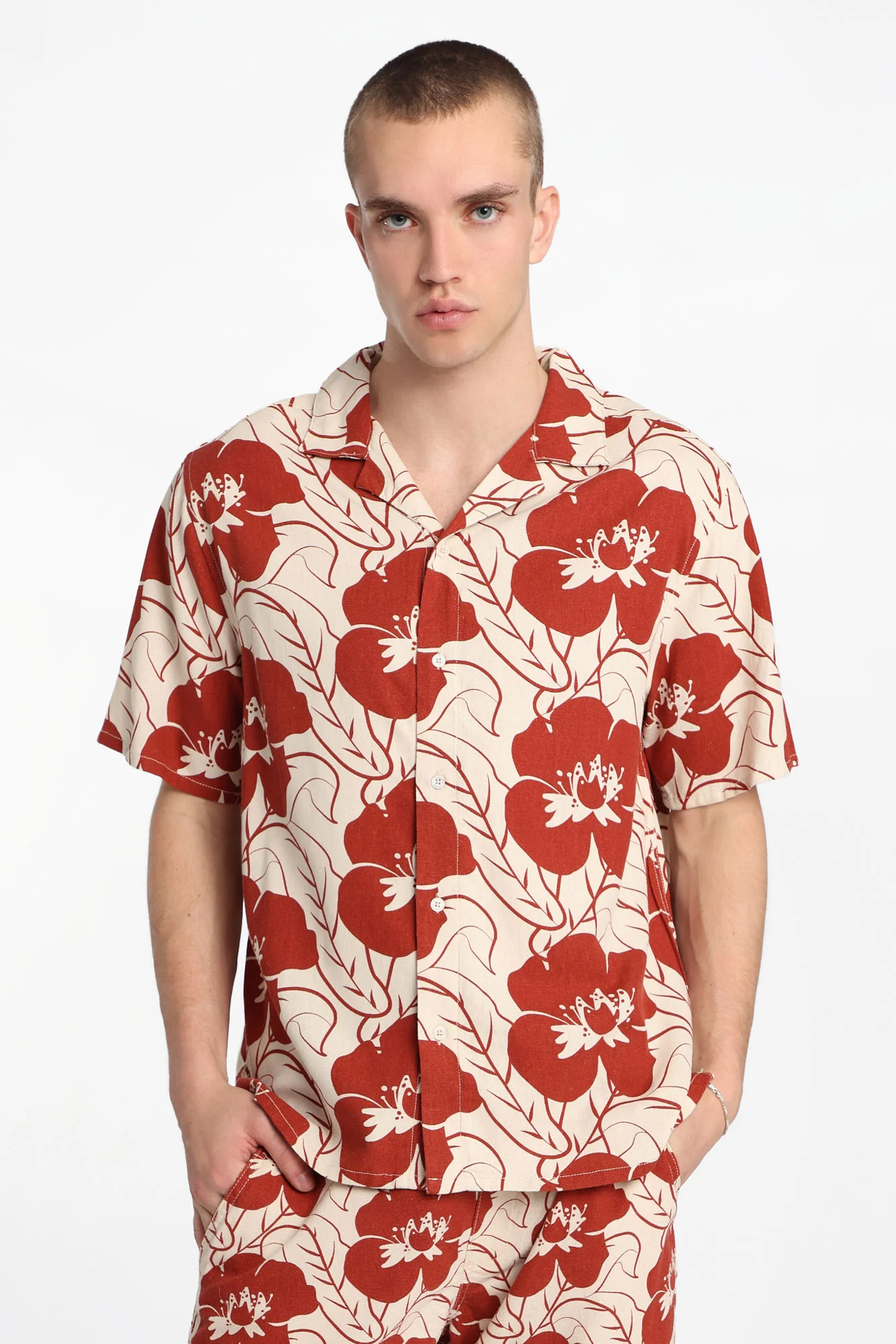 Linen-Blend Floral Button-Up Shirt