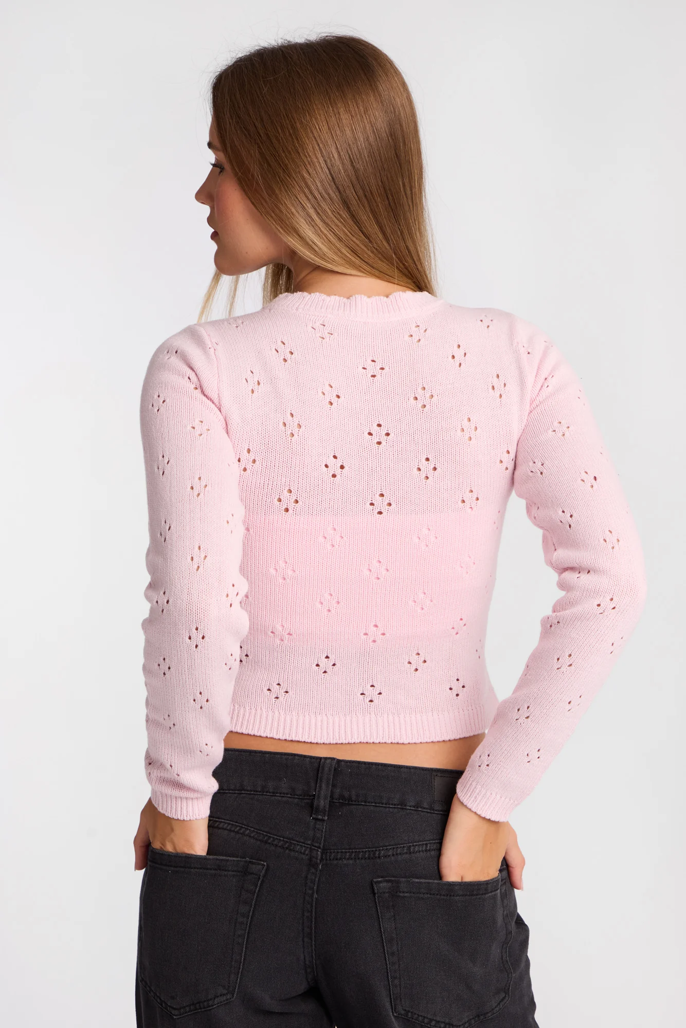 Pointelle Knit Button-Up Crew Neck Cardigan - Image 24