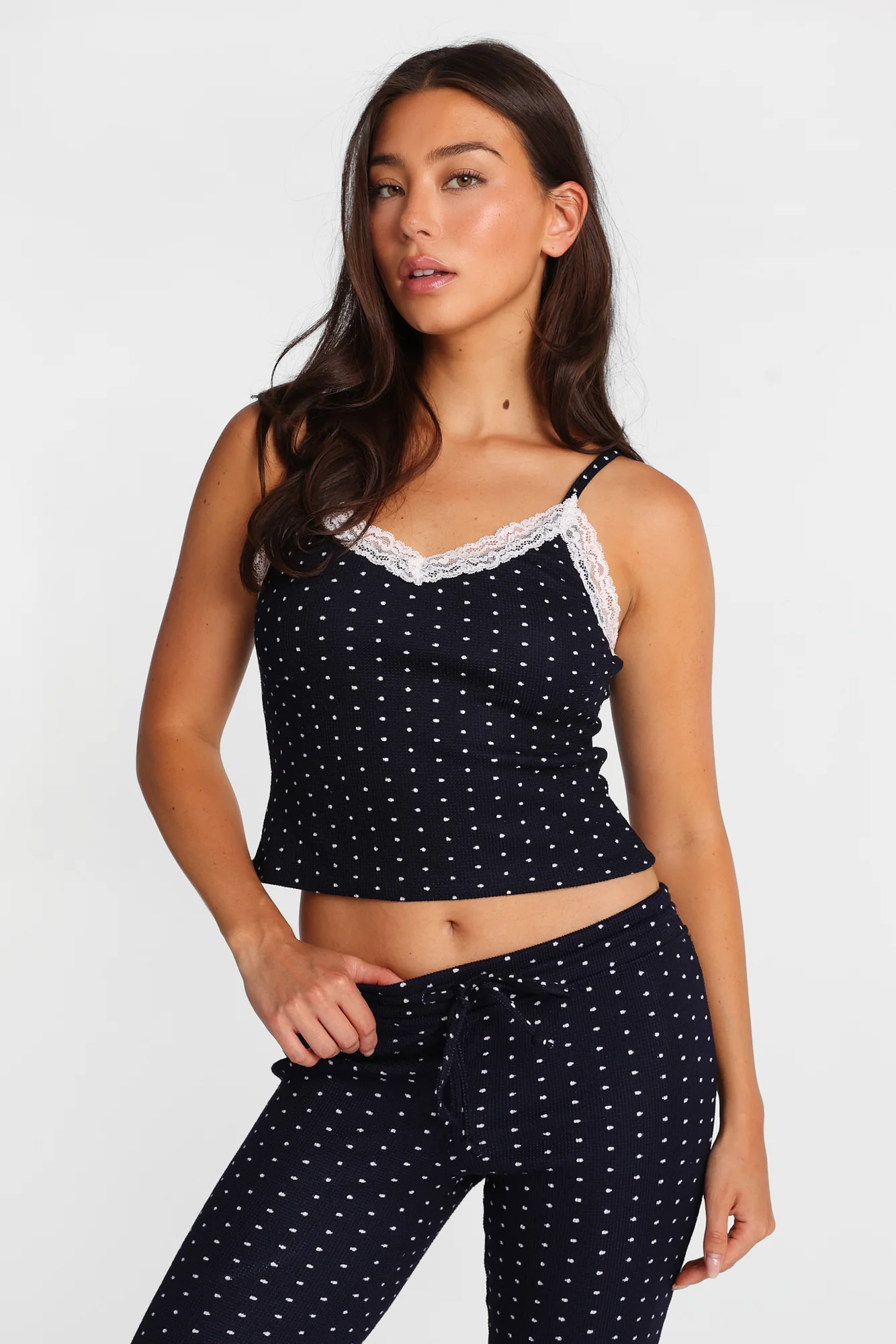 Waffle Knit Lace Trim Pajama Tank Top