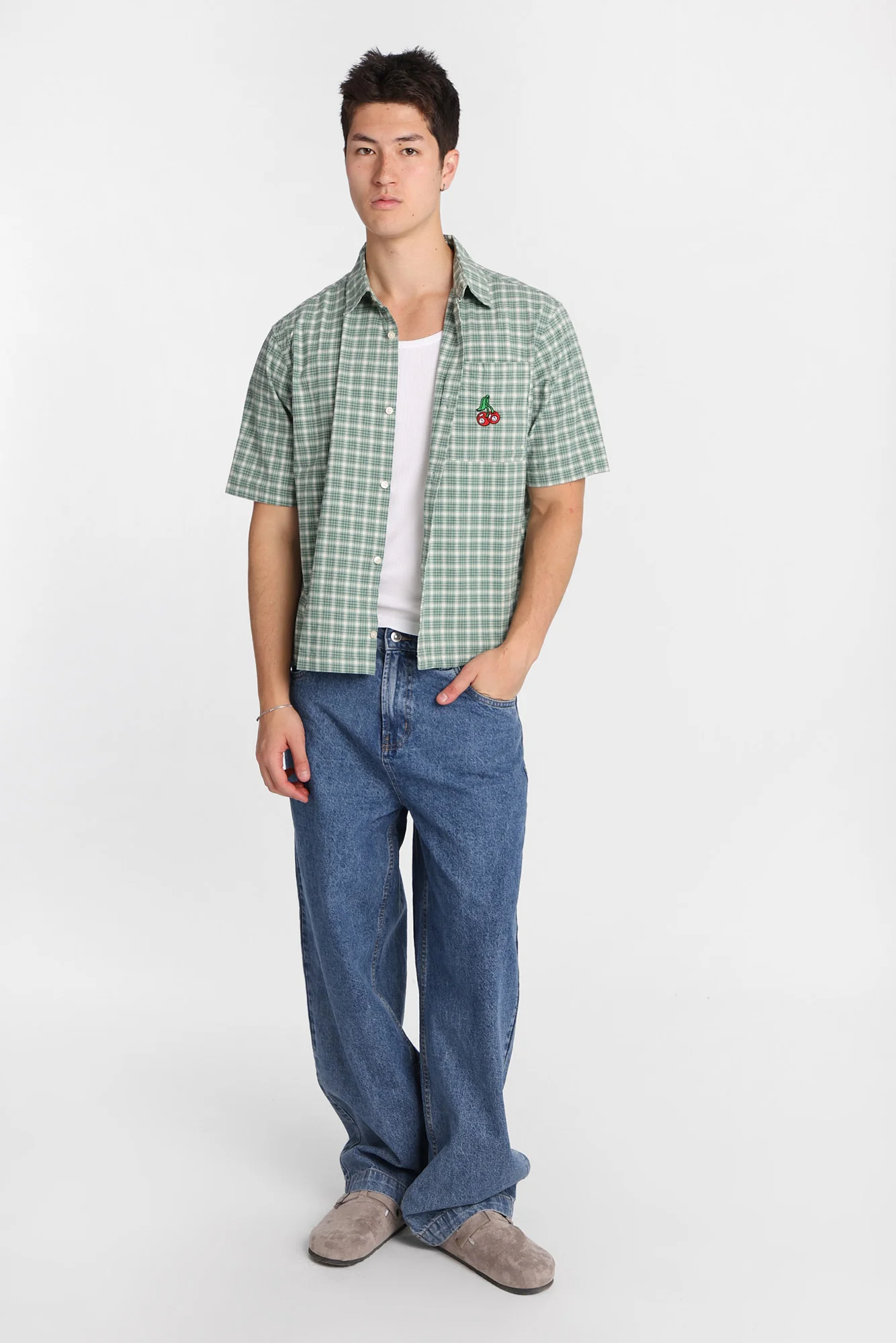 Cherry Embroidered Plaid Boxy Short Sleeve Shirt - Image 4
