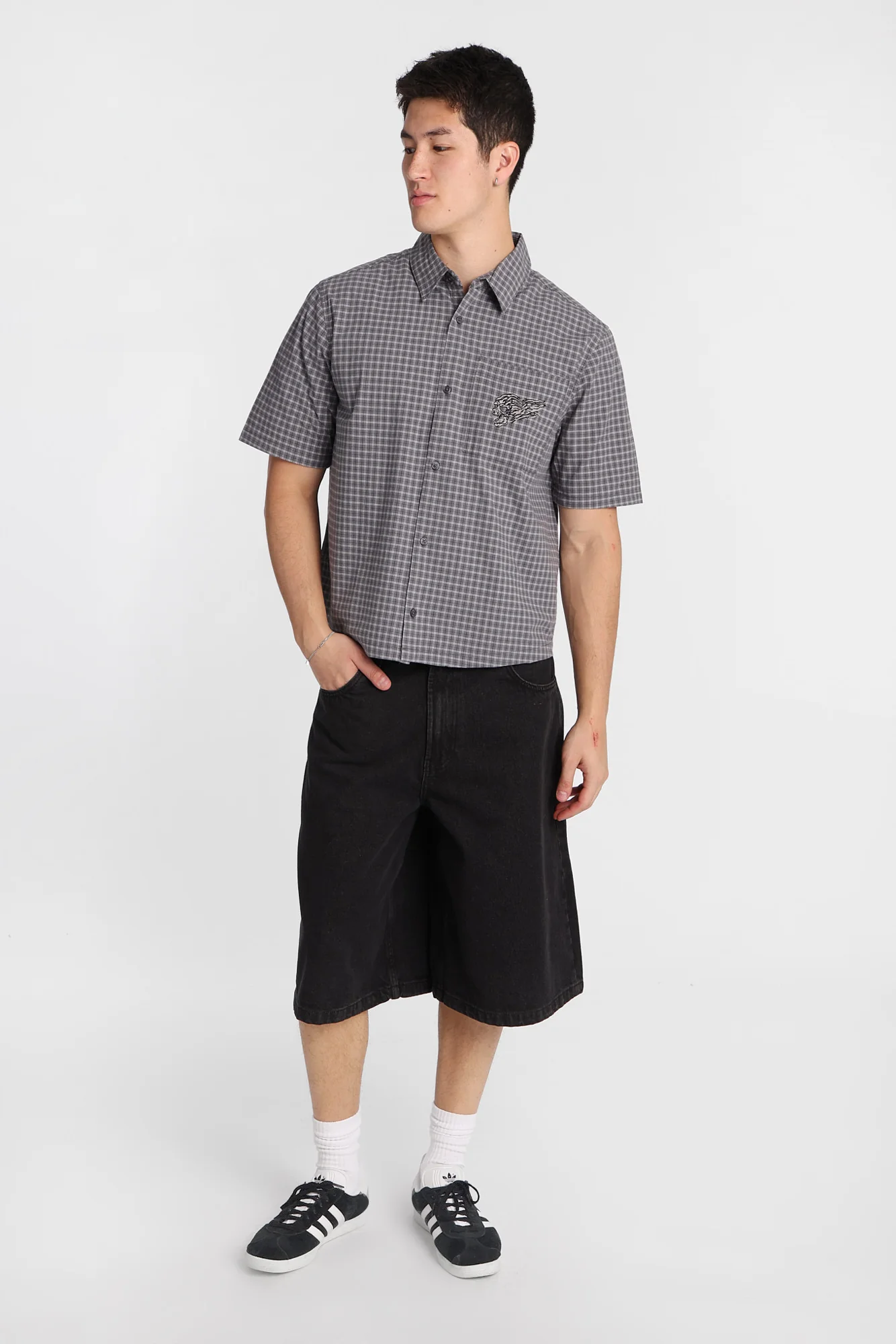 Skull Embroidered Plaid Boxy Short Sleeve Shirt - Image 4