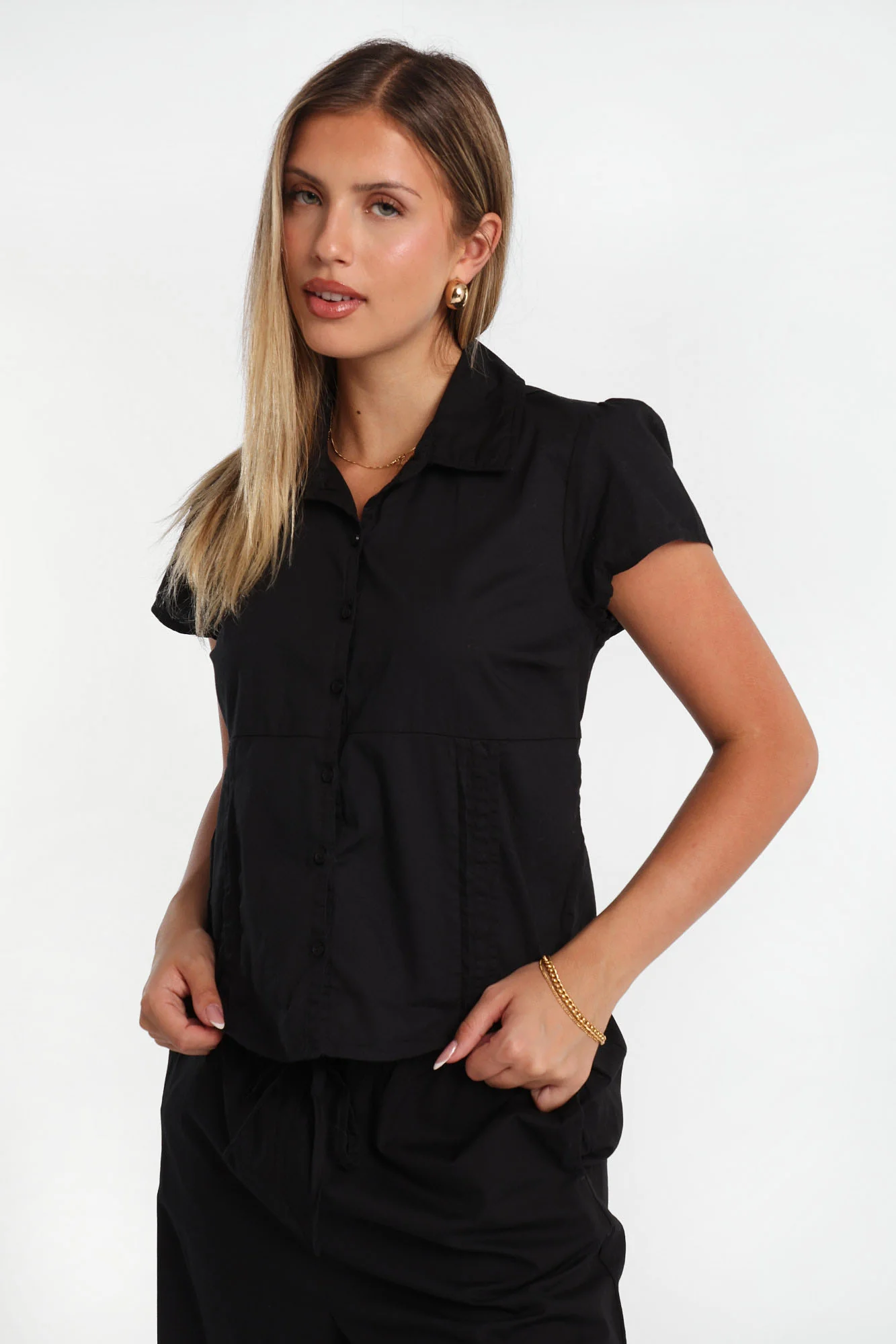 Poplin Cotton Short Sleeve Tie-Back Button-Up Shirt - Image 5