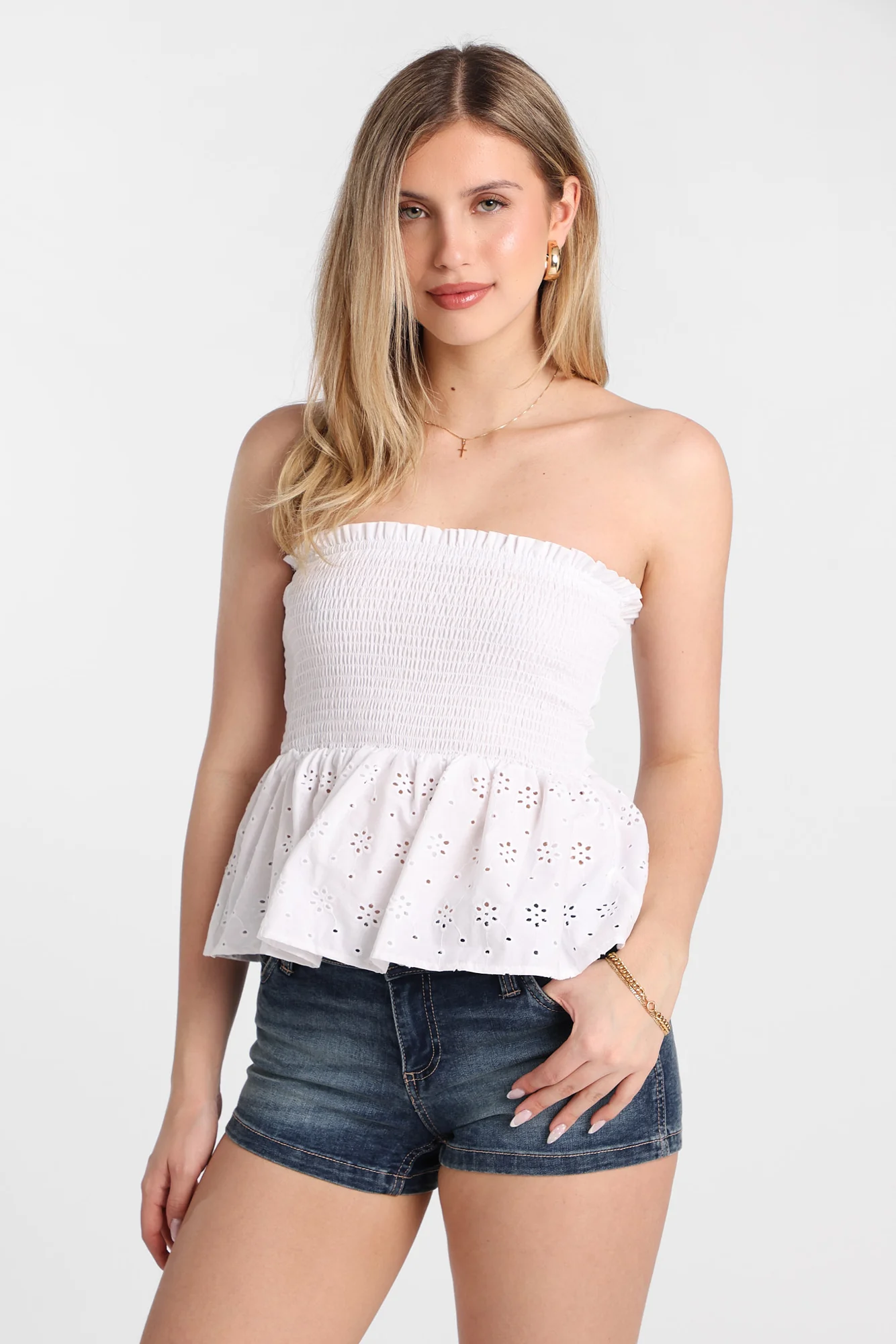 Cotton Eyelet Smocked Strapless Top