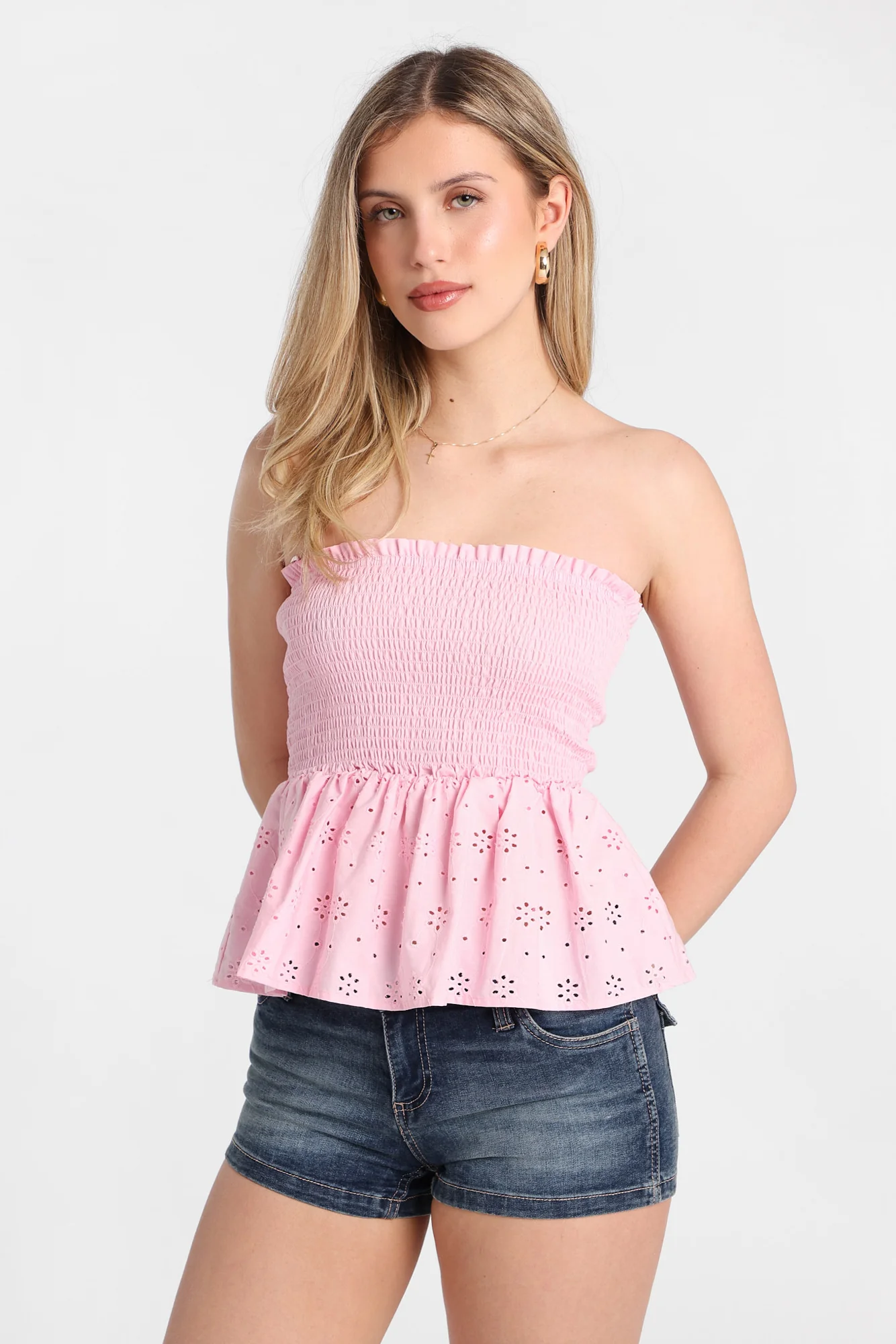 Cotton Eyelet Smocked Strapless Top - Image 11