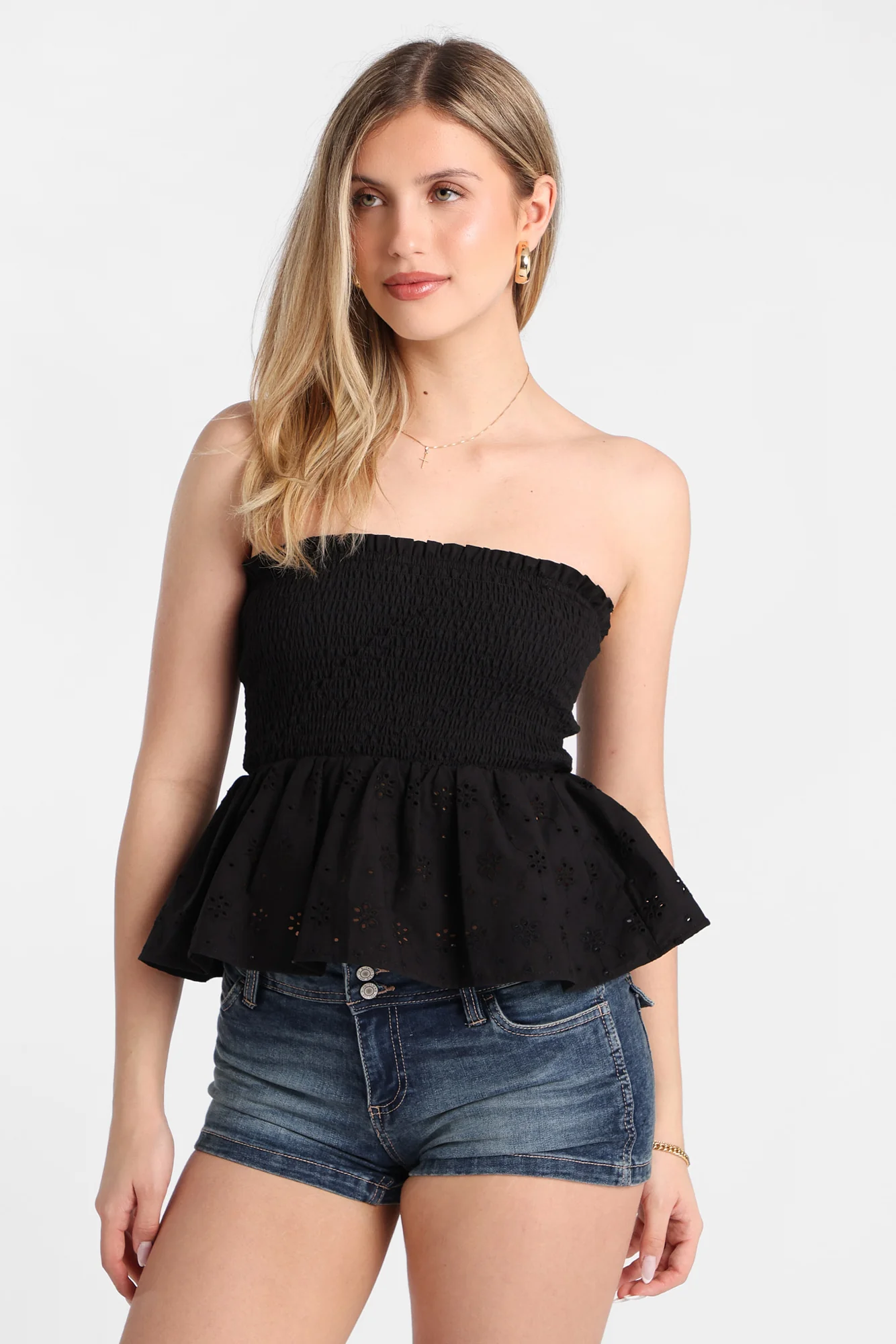 Cotton Eyelet Smocked Strapless Top - Image 2