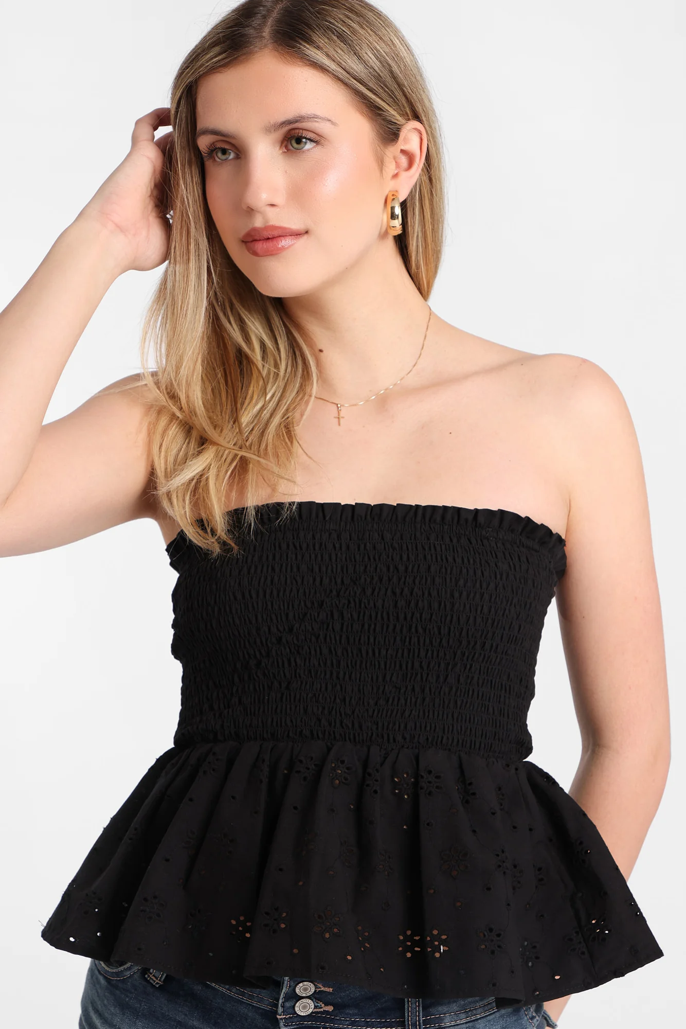 Cotton Eyelet Smocked Strapless Top - Image 6