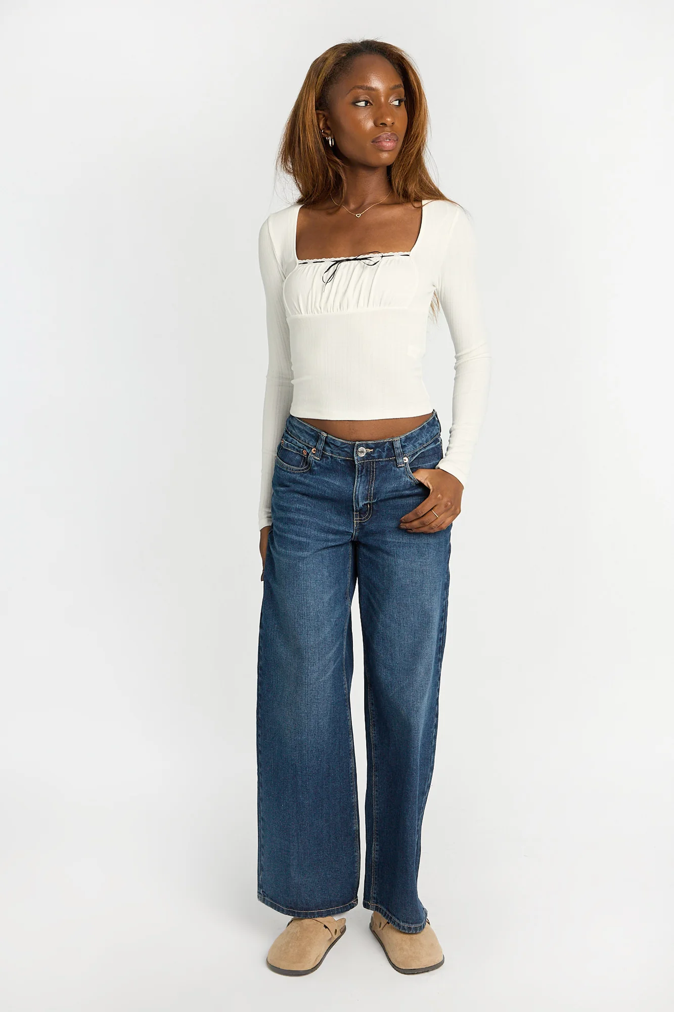 AERO Pointelle Knit Long Sleeve Ruched Square Neck Top - Image 11