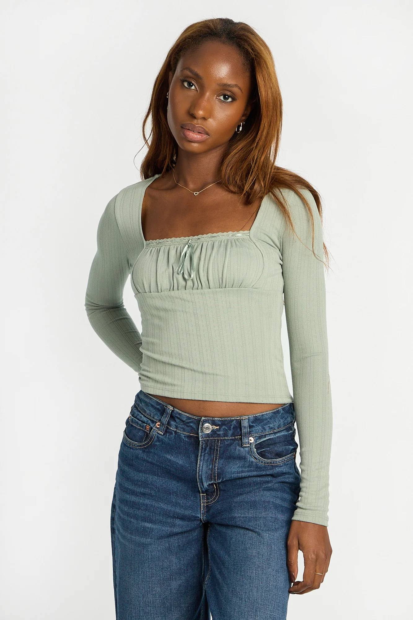 AERO Pointelle Knit Long Sleeve Ruched Square Neck Top - Image 13