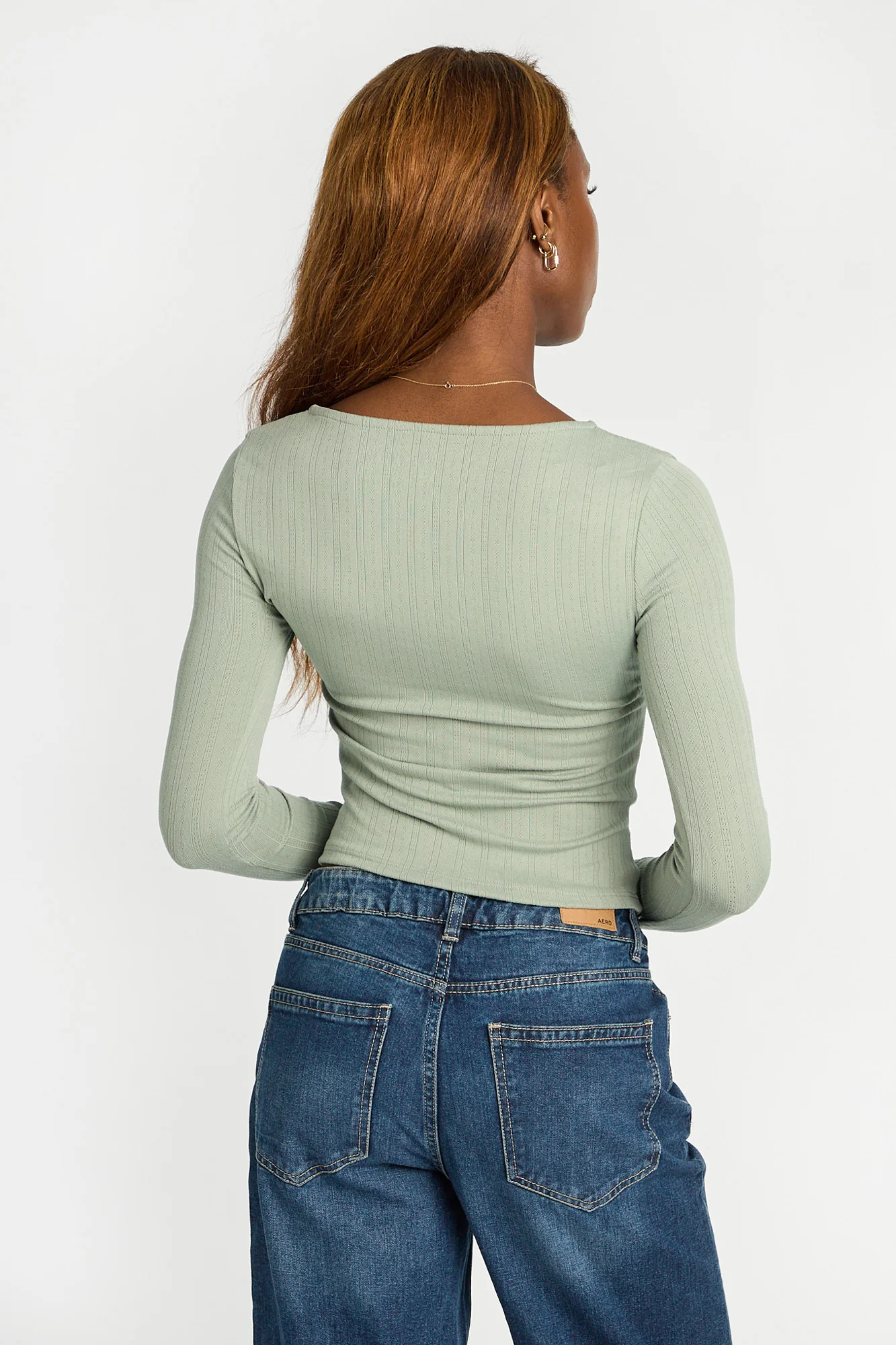 AERO Pointelle Knit Long Sleeve Ruched Square Neck Top - Image 14