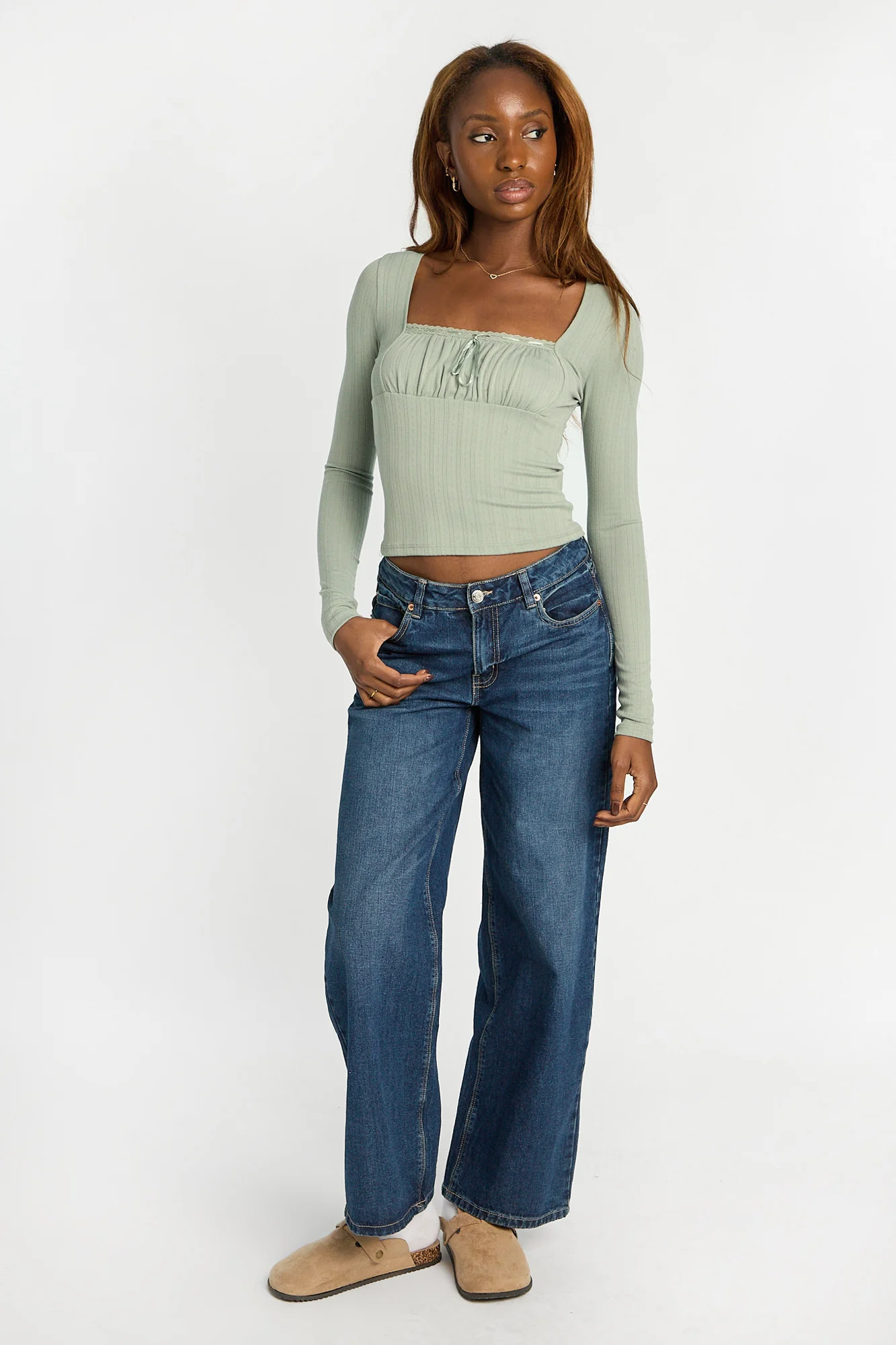 AERO Pointelle Knit Long Sleeve Ruched Square Neck Top - Image 15
