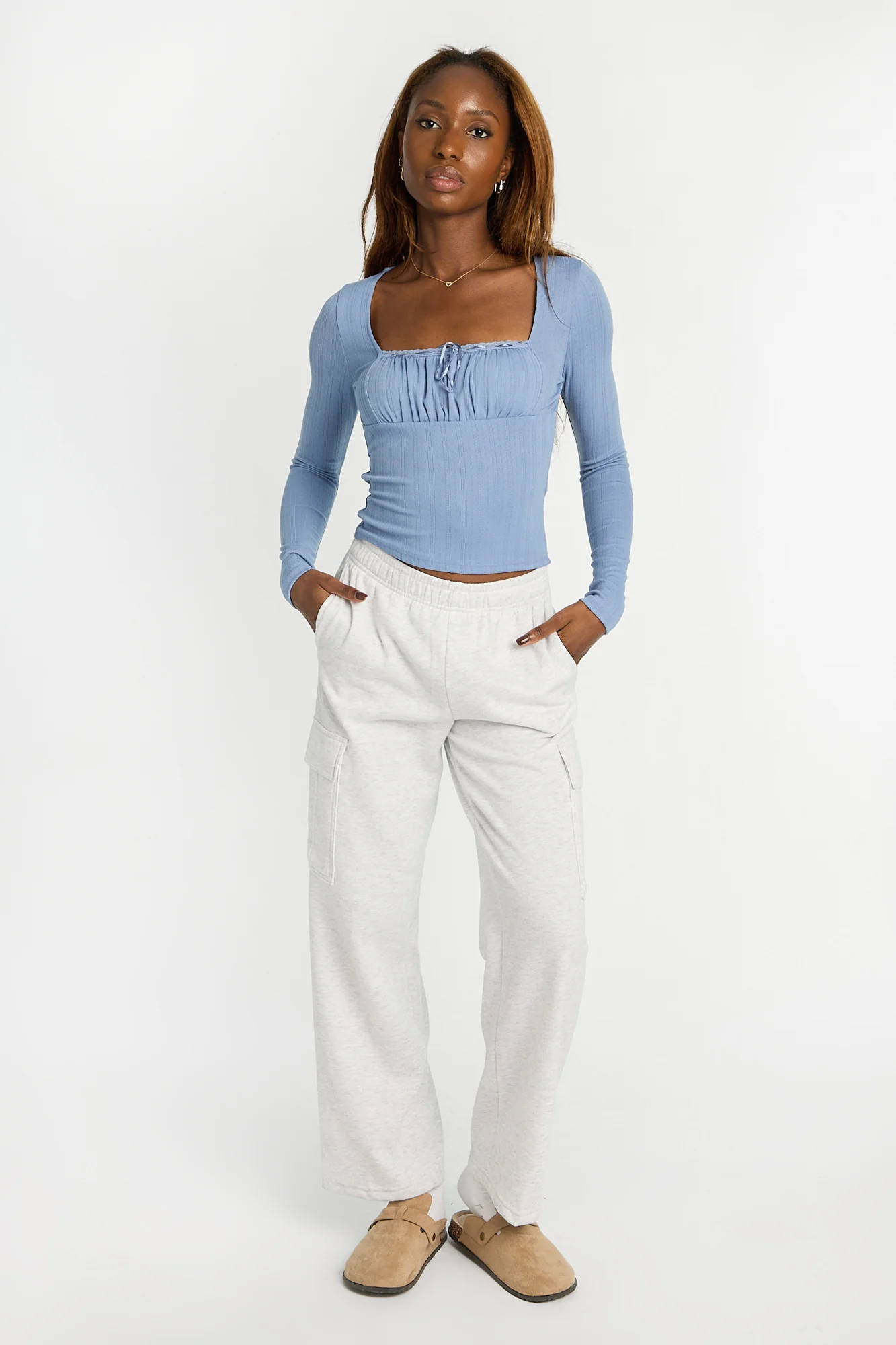 AERO Pointelle Knit Long Sleeve Ruched Square Neck Top - Image 20