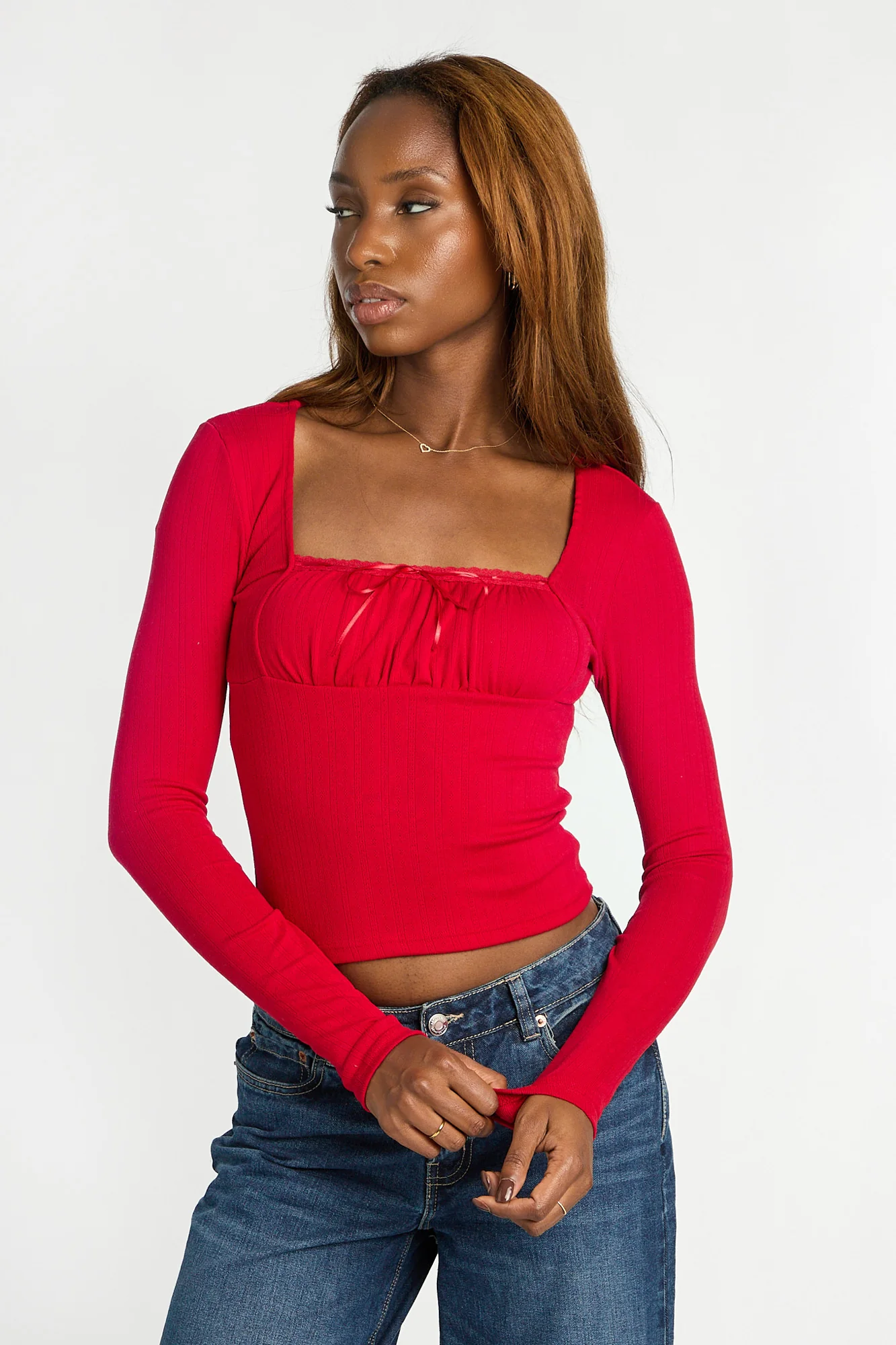 AERO Pointelle Knit Long Sleeve Ruched Square Neck Top - Image 21
