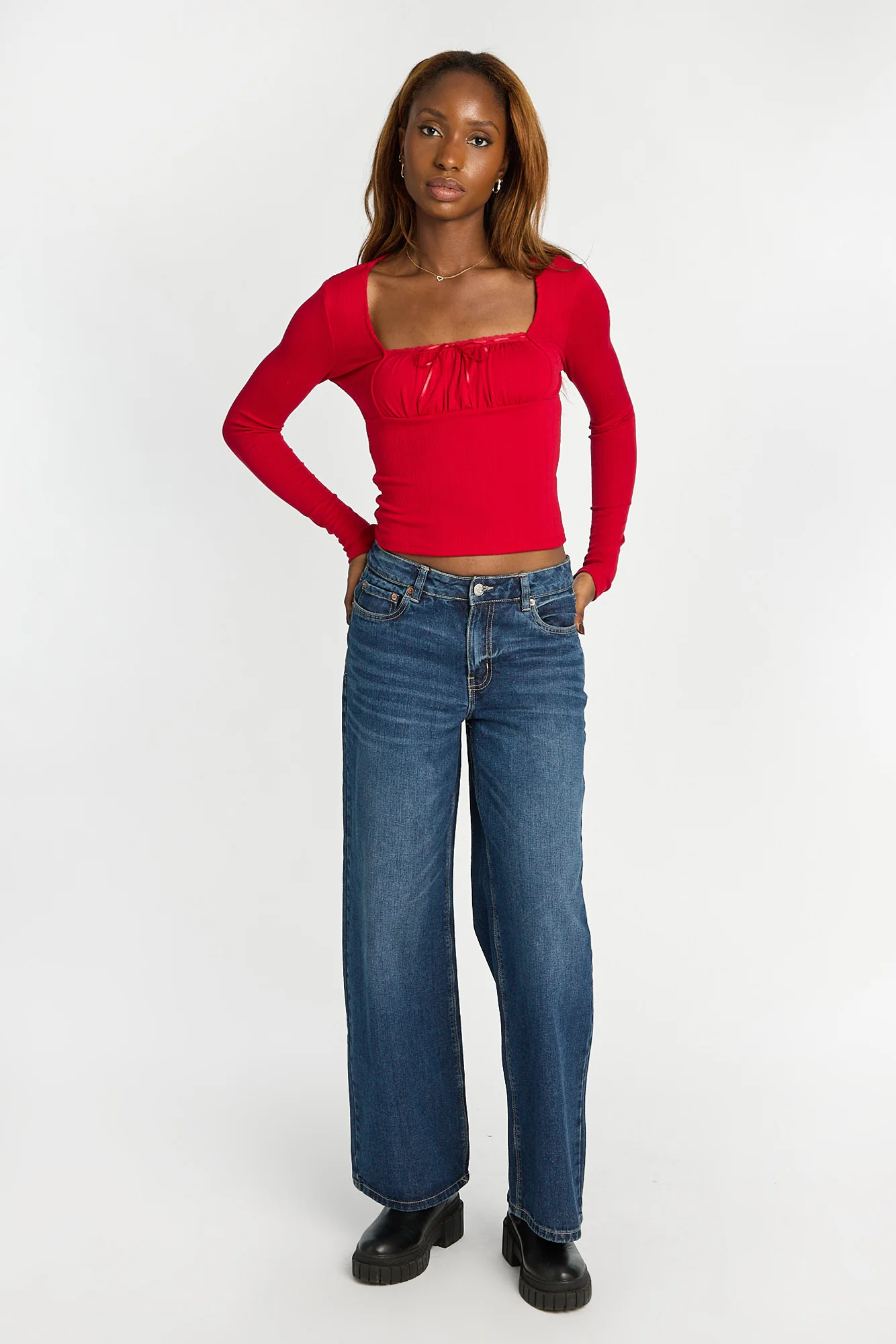 AERO Pointelle Knit Long Sleeve Ruched Square Neck Top - Image 24
