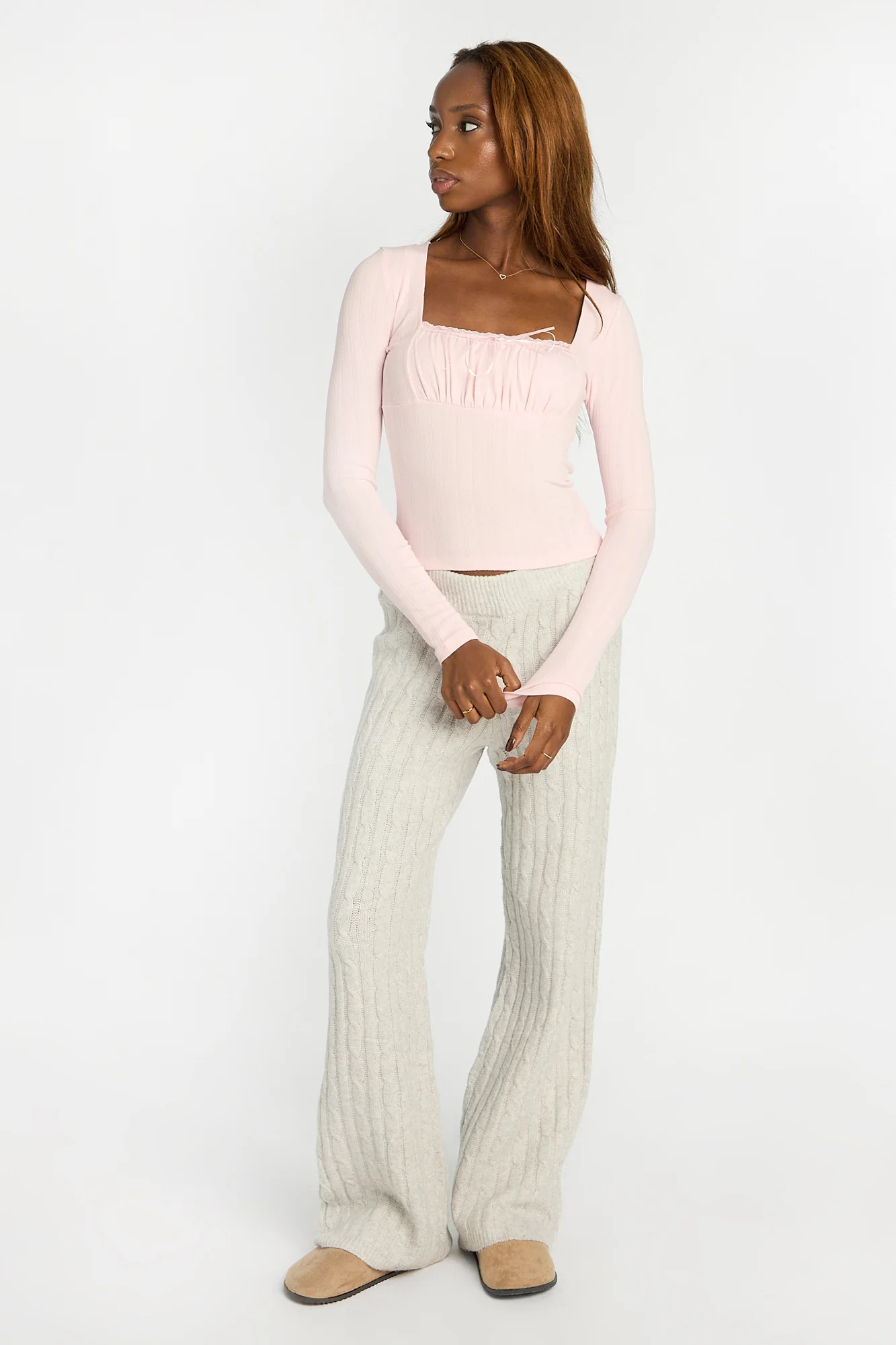 AERO Pointelle Knit Long Sleeve Ruched Square Neck Top - Image 29