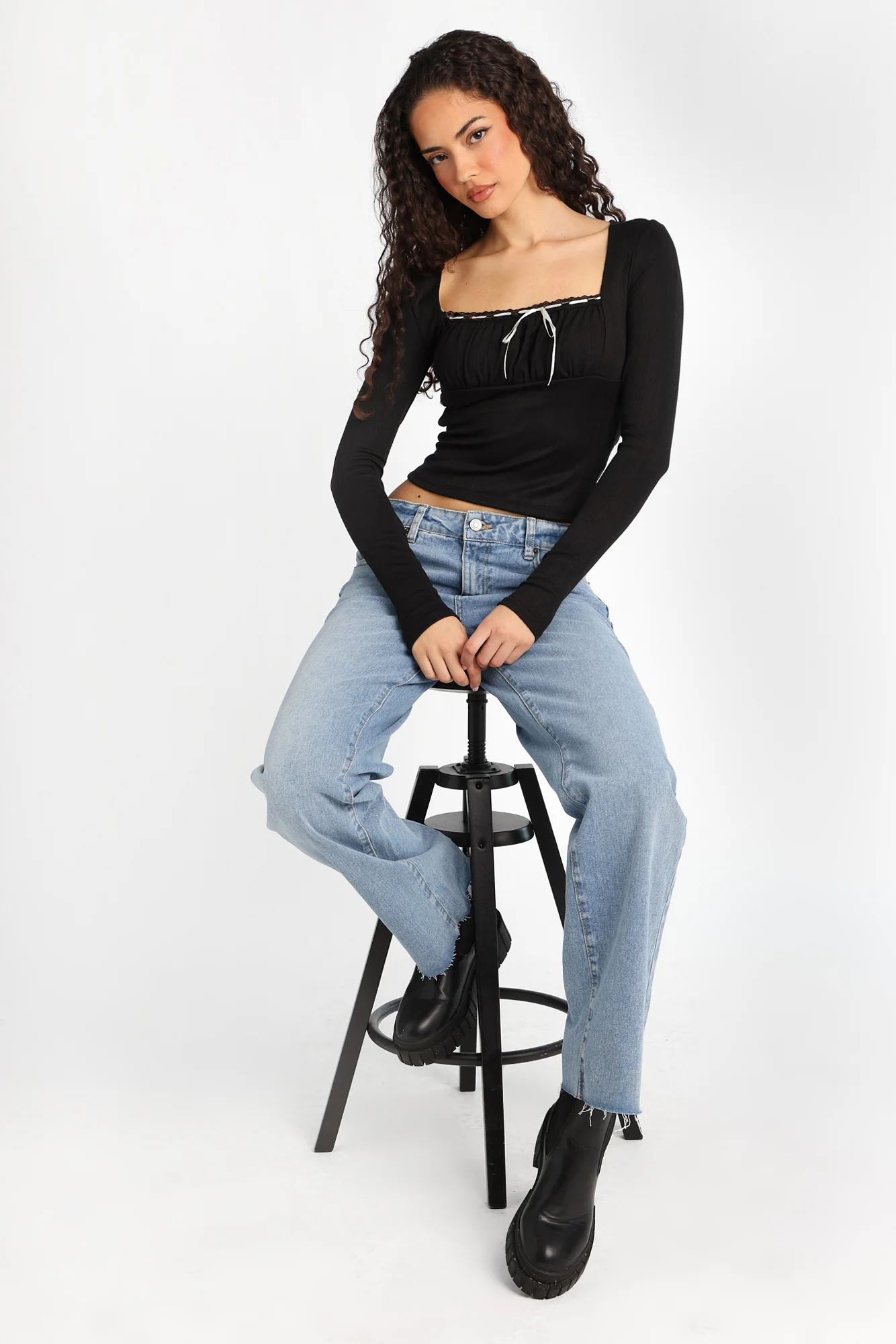AERO Pointelle Knit Long Sleeve Ruched Square Neck Top - Image 7
