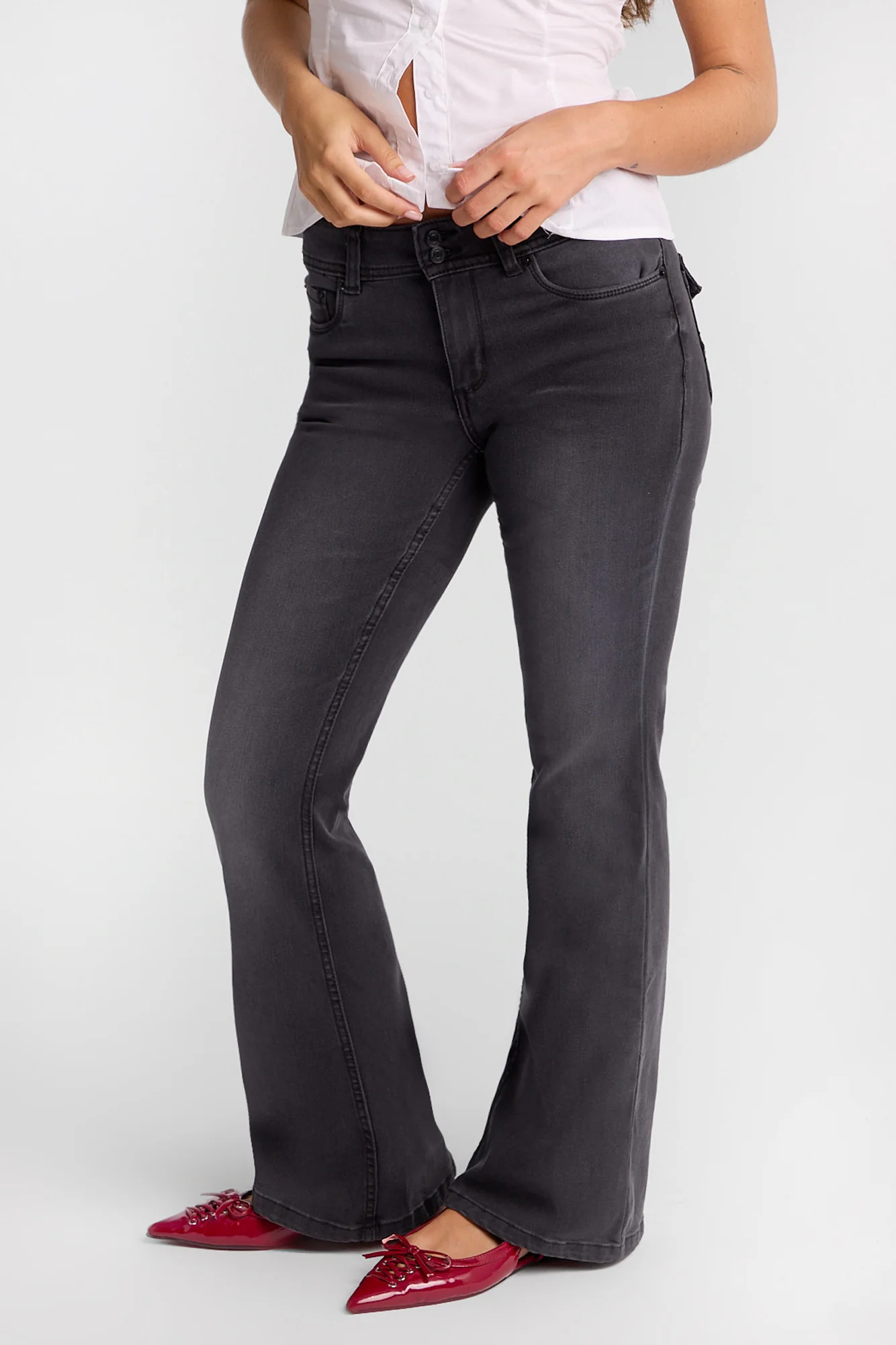 AERO Embroidered Washed Black Low Rise Flare Jeans - Image 3